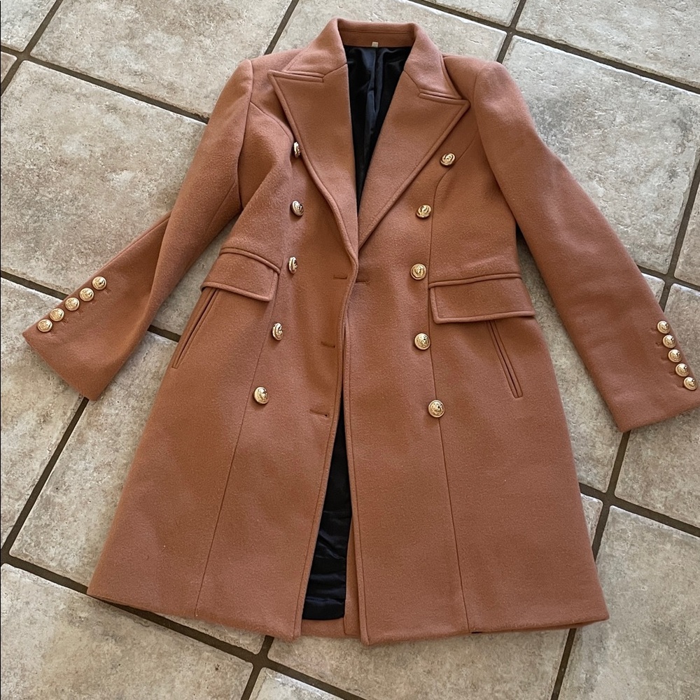 Wool Blend Camel Double-Breasted Pea Coat - Picture 10 of 16
